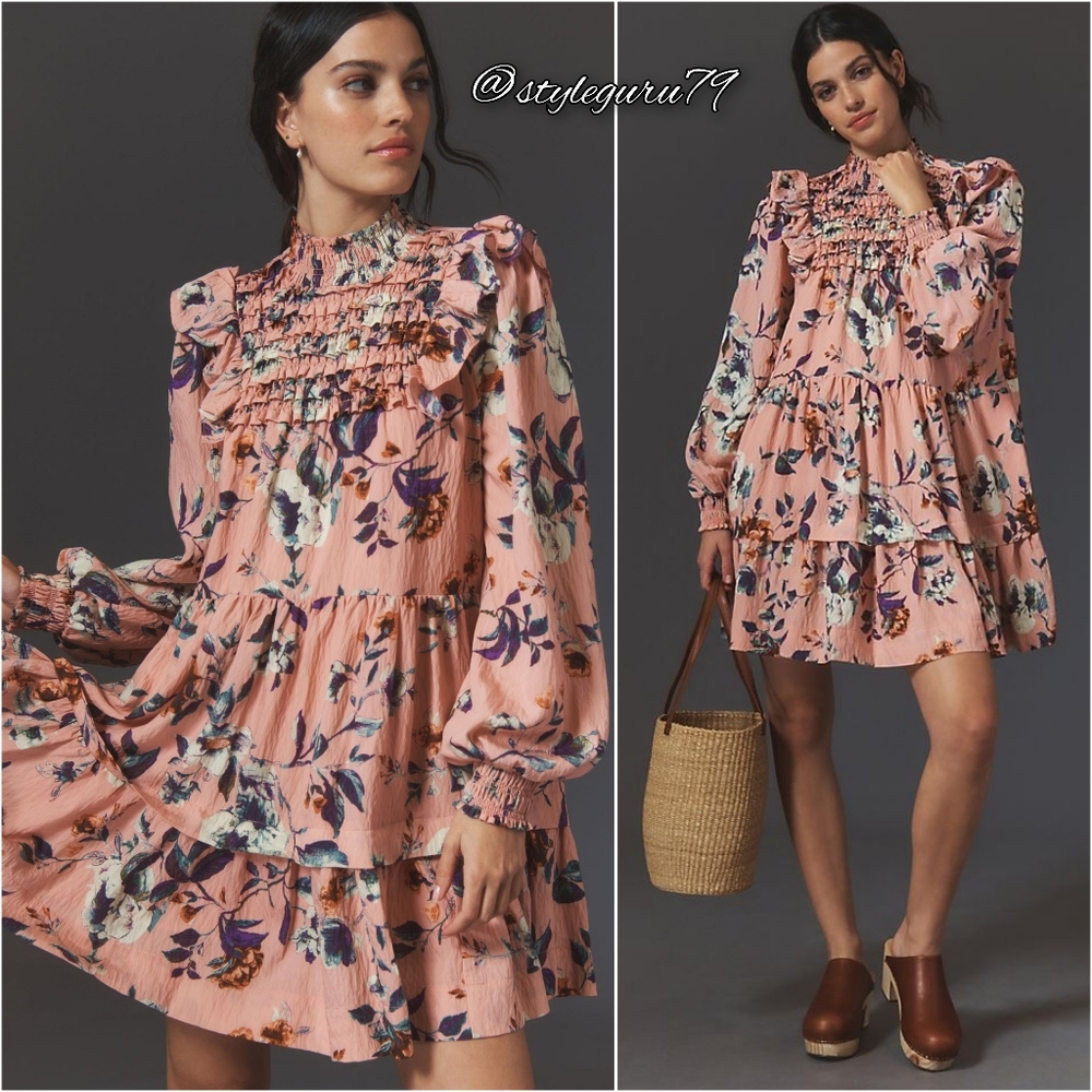 NWT, Anthropologie, Long-Sleeve Printed Smocked Mini Dress